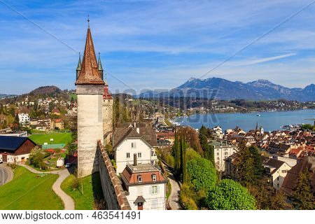 Top View On Lake Lucerne And Old Town With Musegg Wall And Towers In Lucerne City, Switzerland