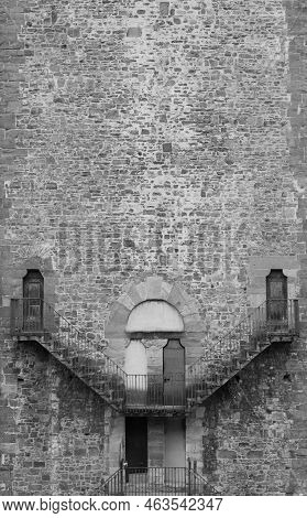 Exterior Of Antique Building With Escher Architecture Style. Simmetry And Geometric Perspective.