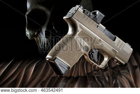 3d Illustration Of A Ghost Gun That Is A Semi Automatic Pistol With Skull Behind