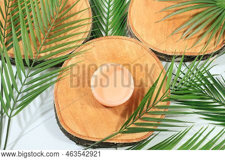 Minimal Abstract Background For Presentation Of Beauty Products, Premium Podium With Wooden Birch Cu