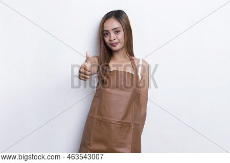 Asian Woman Barista Waitress Wearing Apron With Ok Sign Gesture Tumb Up Isolated On White Background