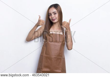 Asian Woman Barista Waitress Wearing Apron With Ok Sign Gesture Tumb Up Isolated On White Background
