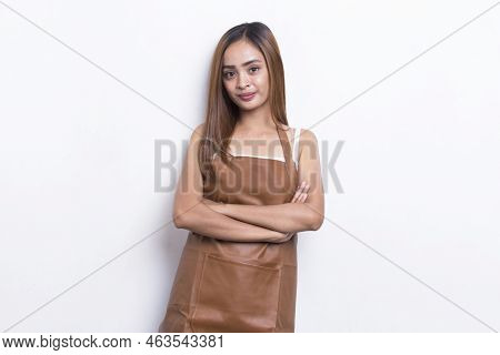 Asian Woman Barista Waitress Wearing Apron Show Welcome Gesture Tumb Up Isolated On White Background