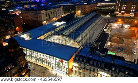 Glasgow Queens Street Station In The City Center - Aerial View By Night - Glasgow, United Kingdom - 