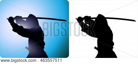 Ninja Fighter With A Sword In His Hands, In The Moonlight