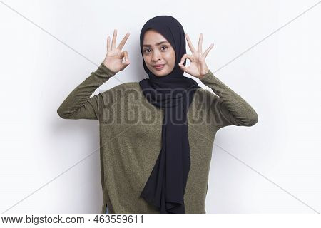 Asian Young Muslim Woman Happy And Excited Tumb Up Ok Expressing Big Success On White Background