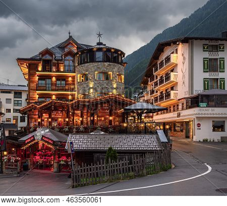 Ischgl, Austria - July 25, 2022: Hotels And Restaurants In Tourist Ski Resort Ischgl In Austrian Tyr