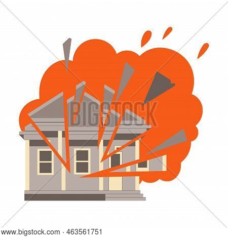 House Afire Damaged And Ruined From Bomb Explosion Vector Illustration