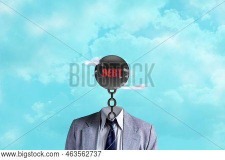 Businessman With A Kettlebell Instead Of A Head. Debt Pressure Concept. Business. Finance. Economy.