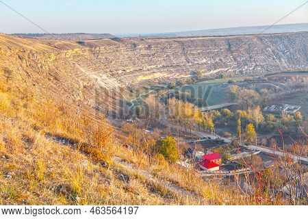 Village Among The Hills View From Above . Trebujeni Village In Moldova