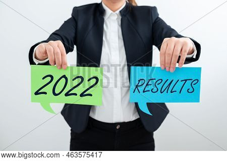 Text Sign Showing 2022 Results. Word Written On Any Outcome Of An Action Or Event That Happens In Th