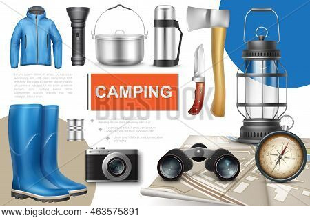 Realistic Camping Elements Collection With Flashlight Metal Pan Canned Food Compass Thermos Axe Knif