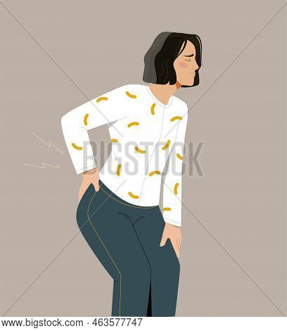 Back Pain Concept. Woman Stands And Holds On To His Lower Back. Muscle Problems, Trauma, Sticker For