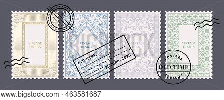 Vintage Old Postage. Retro Postmarks And Mail Stamps. Blank Ribbon Frame With Etching Details. Drawi
