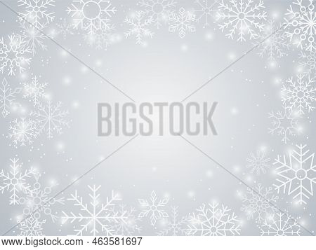 Snowflake Frame, Winter Xmas Border. Ice Snow Texture, Merry Christmas And New Year Cool Decoration.