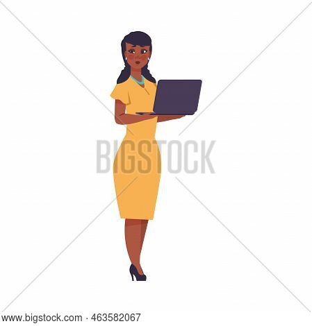 Woman Hold Laptop. Girl Standing And Holding Gadget, Internet And Network In Device, Online Woking, 