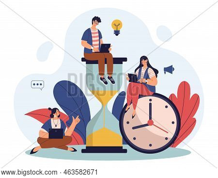 Time Clock, Work On Hourglass With Laptop. Deadline Or Countdown, Team Of People Employee. Huge Sand
