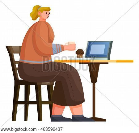 Woman Character Sitting At Table With Cup, Cake And Laptop. Worker Breaktime With Coffee And Dessert