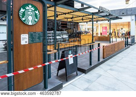Samara, Russia - July 2, 2022: Closed Starbucks Cafe Interior In Samara Shopping Center Kosmoport. S