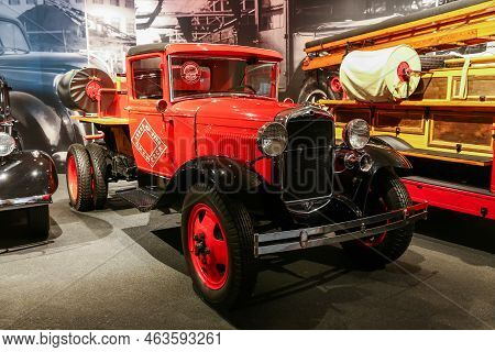 Verkhnyaya Pyshma, Russia - September 14, 2021: Red Tanker Truck Gaz-aa In The Ummc Museum Of Milita