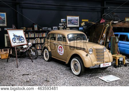 Moscow, Russia - March 6, 2022: Vintage Soviet Minicar Moskvich-401/420 In The Car History Museum.