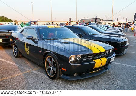 Dubai, Uae - November 15, 2018: Line Of American Muscle Car Dodge Challenger At The Gulf Car Festiva