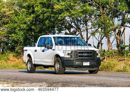 Villahermosa, Mexico - May 21, 2017: White Pickup Truck Ford F-150 At An Intercity Road.