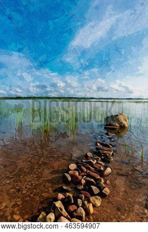 Digitally Created Watercolor Painting Of A Serene Lakeshore Of Duncan Bay At Cheboygan State Park