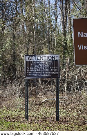 Catahoula National Wildlife Refuge Louisiana/usa - December 21 2021: Sign Noting That Riding An Atv,