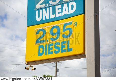 Valero Gas Price Sign, Austin, Texas/usa - June 06, 2019: Diesel Gas Price Sign Set To $2.95 Per Gal