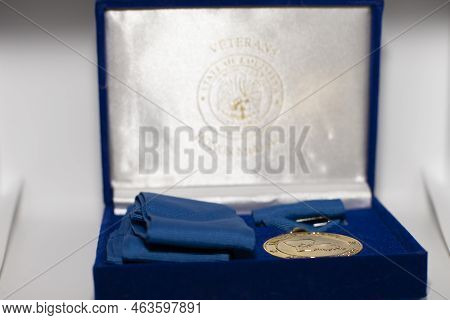 Louisiana/usa  - July 06 2019: Gold Veteran's State Of Louisiana Honor Medal On A Blue Ribbon.