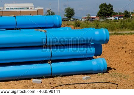 On Construction Site For New House, Blue Plastic Pvs Pipes Were Introduced To Drainage Of Septic Sys