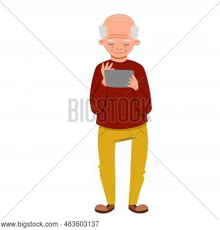 An Elderly Man Is Playing On A Tablet.