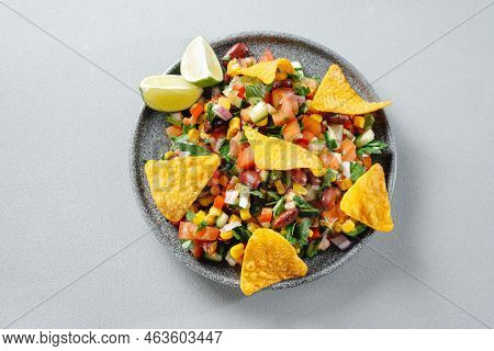 Texas Caviar. Vegetarian Salad On A Gray Plate Top View On A Gray Background. Reducetarian, Flexitar