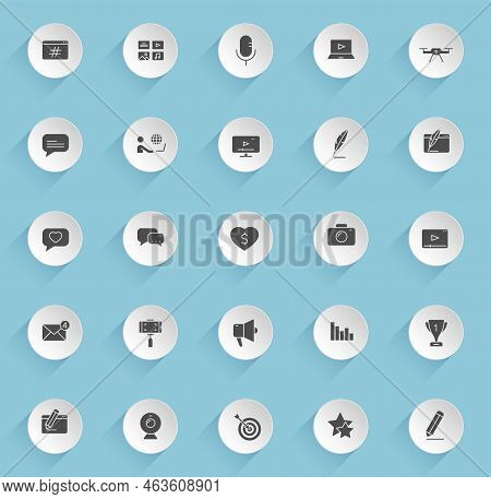 Blog Vector Icons On Round Puffy Paper Circles With Transparent Shadows On Blue Background. Blog Sto