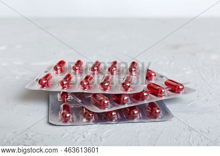 Too Many Different Pill Cartridges Stacked. Selective Focus. Packs Of Blister Pills With Tablets. Co