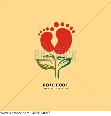 Vector Rose Feet Logo Icon. Vector Graphics Of Rose Flower Stalk Combination Footprints, Simple Eleg