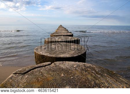 Breakwater On The Beach Of The Baltic Sea Near Rewal