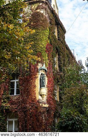 Autumn View Of A House At Joseph Square Located In Maxvorstadt, Munich, Bavaria, Germany.