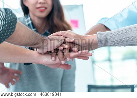 Group Of Diversity People Fist Bump Holding Hands Together Power Of Tag Team. Teamwork Multiethnic P