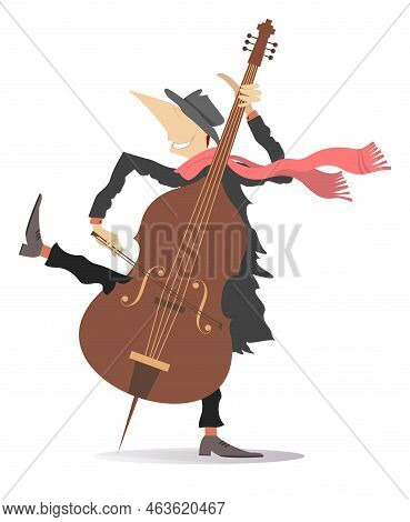 Strong Wind. Cellist Playing Cello. 
Smiling Cellist Playing Music With Inspiration. Isolated On Whi