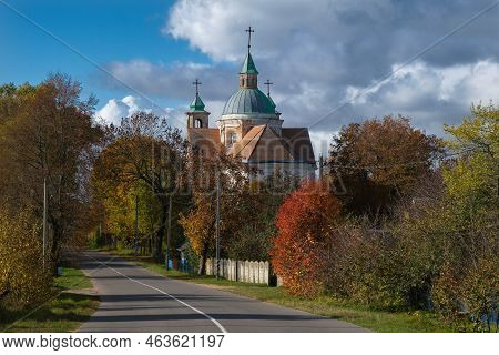 View Of The Old Catholic Church Of The Holy Trinity And The Road, Benitsa, Minsk Region, Belarus.