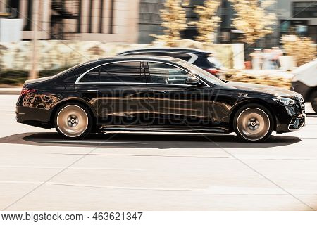 Mercedes S Class W223 4matic On The Street In Motion. W223 Is The Seventh Generation Car Of The S-cl