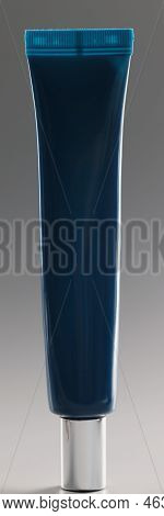 Blue Tube With Cream On A Gray Background, Close-up. Facial Cosmetics, Non-comedogenic, Skincare And