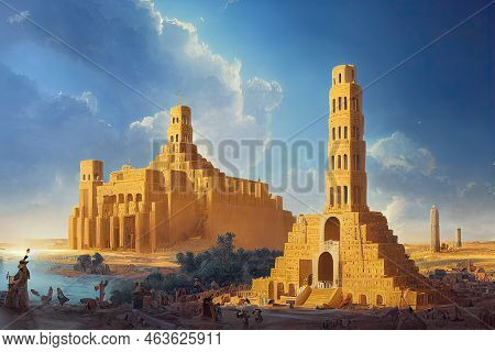 Ancient Babylon Town With Famous Babel Tower,
