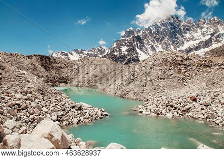 Amazing Blue Gokio Lake Under Ice And Snow, Nepal, Himalayas