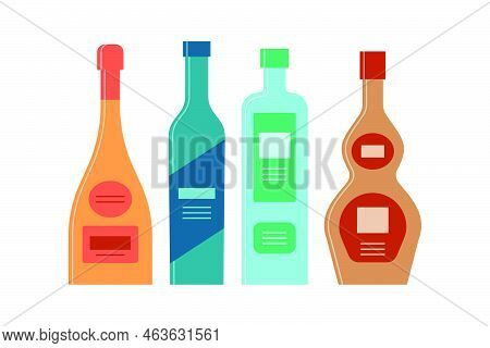 Bottle Of Champagne, Vodka, Schnapps, Tequila In Row. Icon Bottle With Cap And Label. Great Design F