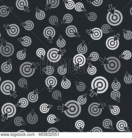 Grey Target With Arrow Icon Isolated Seamless Pattern On Black Background. Dart Board Sign. Archery 