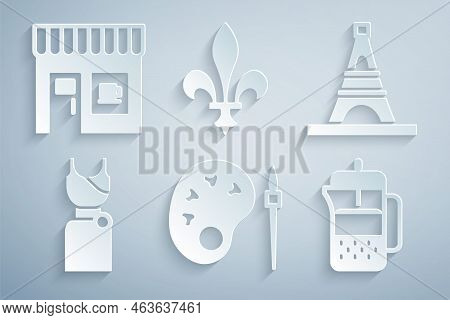 Set Paint Brush With Palette, Eiffel Tower, Woman Dress, French Press, Fleur De Lys And Coffee Shop 