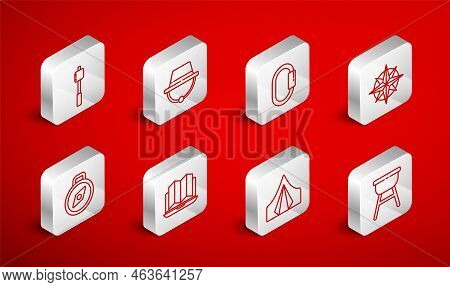 Set Line Barbecue Grill, Camping Hat, Carabiner, Wind Rose, Tourist Tent, Marshmallow On Stick, Loca